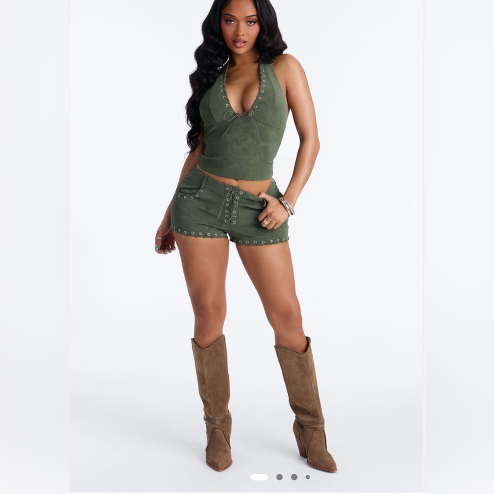 Fashion Nova Western twist halter short set- olive